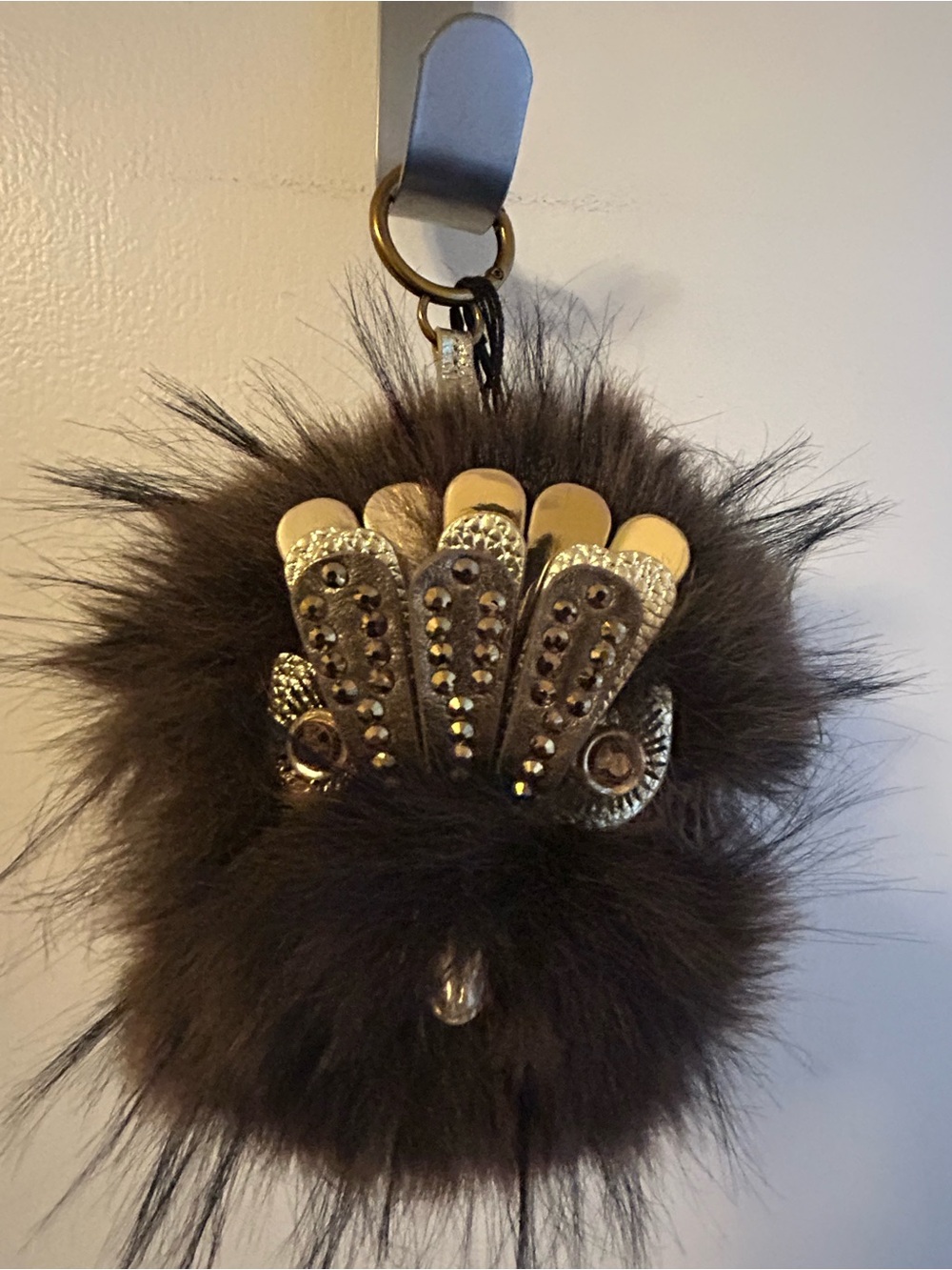 Kurt Geiger Brown Furry Pom-Pom Keychain with Gold-Tone Crystal Accents - Picture 11 of 12